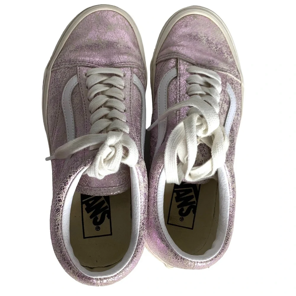 VANS Women 7.5‎ Old Skool Pink Cracked Shimmer Leather Low Lace Up Sneaker Shoes